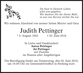Todesanzeige von Judith Pettinger von merkurtz
