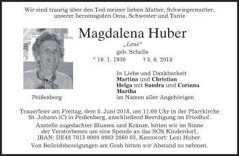 Todesanzeige von Magdalena Huber von merkurtz