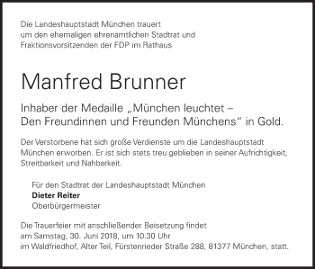 Todesanzeige von Manfred Brunner von merkurtz