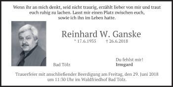 Todesanzeige von Reinhard W. Ganske von merkurtz