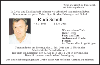 Todesanzeige von Rudi Schüll von merkurtz