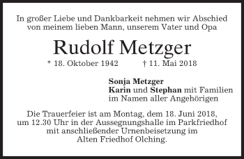 Todesanzeige von Rudolf Metzger von merkurtz