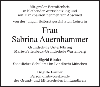 Todesanzeige von Sabrina Auernhammer von merkurtz