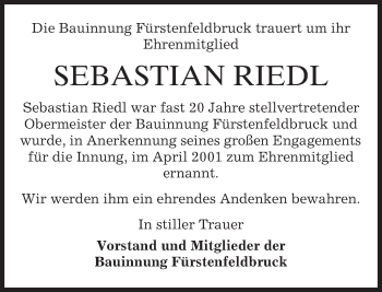 Todesanzeige von Sebastian Riedl von merkurtz