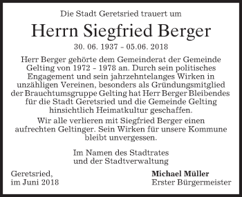 Todesanzeige von Siegfried Berger von merkurtz