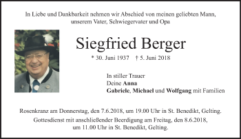 Todesanzeige von Siegfried Berger von merkurtz