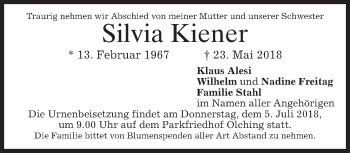 Todesanzeige von Silvia Kiener von merkurtz