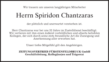Todesanzeige von Spiridon Chantzaras von merkurtz
