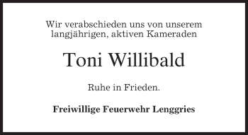 Todesanzeige von Toni Willibald von merkurtz