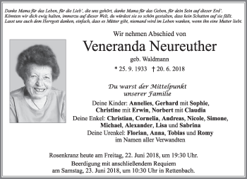 Todesanzeige von Veneranda Neureuther von merkurtz