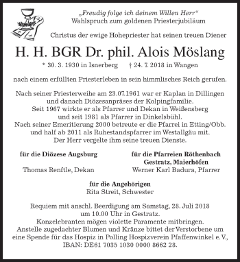 Todesanzeige von Alois Möslang von merkurtz