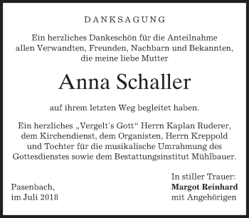Todesanzeige von Anna Schaller von merkurtz