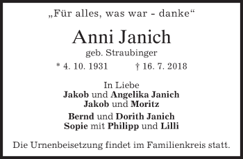 Todesanzeige von Anni Janich von merkurtz