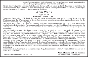 Todesanzeige von Anni Wank von merkurtz