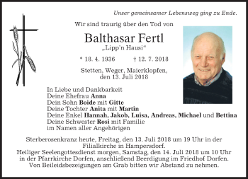 Todesanzeige von Balthasar Fertl von merkurtz
