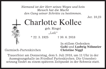 Todesanzeige von Charlotte Kollee von merkurtz
