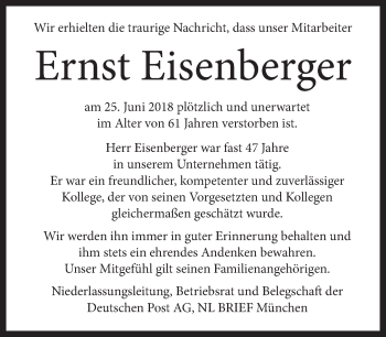 Todesanzeige von Ernst Eisenberger von merkurtz