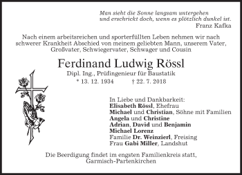 Todesanzeige von Ferdinand Ludwig Rössl von merkurtz