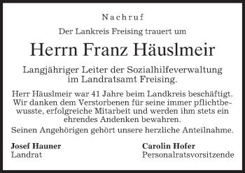 Todesanzeige von Franz Häuslmeir von merkurtz