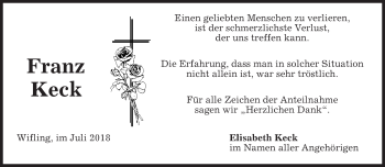 Todesanzeige von Franz Keck von merkurtz