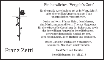 Todesanzeige von Franz Zettl von merkurtz