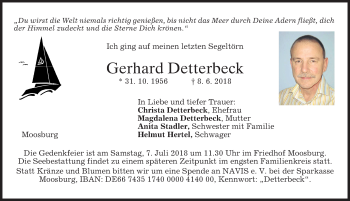 Todesanzeige von Gerhard Detterbeck von merkurtz