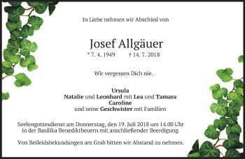 Todesanzeige von Josef Allgäuer von merkurtz