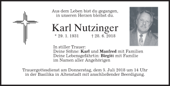 Todesanzeige von Karl Nutzinger von merkurtz