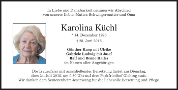 Todesanzeige von Karolina Küchl von merkurtz
