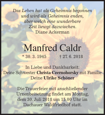Todesanzeige von Manfred Caldr von merkurtz
