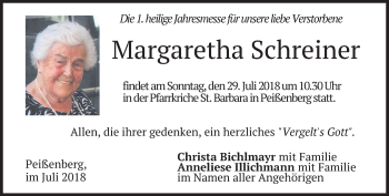 Todesanzeige von Margaretha Schreiner von merkurtz