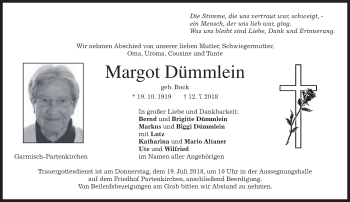 Todesanzeige von Margot Dümmlein von merkurtz