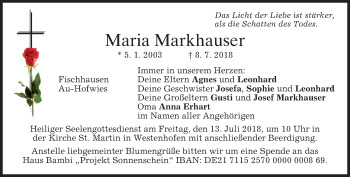 Todesanzeige von Maria Markhauser von merkurtz