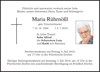 Todesanzeige von Maria Rührnößl von merkurtz
