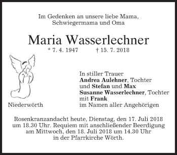 Todesanzeige von Maria Wasserlechner von merkurtz