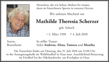 Todesanzeige von Mathilde Theresia Scherzer von merkurtz