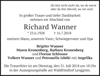 Todesanzeige von Richard Wanner von merkurtz