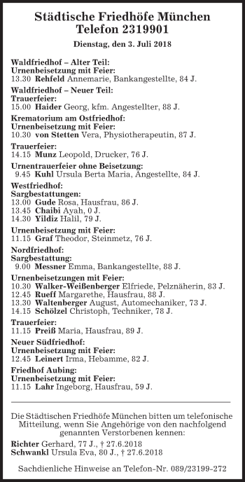 Todesanzeige von Städtische Friedhöfe München von merkurtz