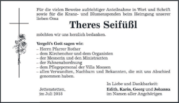 Todesanzeige von Theres Seifüßl von merkurtz