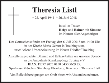 Todesanzeige von Theresia Listl von merkurtz