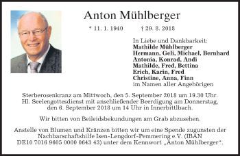 Todesanzeige von Anton Mühlberger von merkurtz