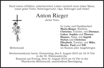 Todesanzeige von Anton Rieger von merkurtz