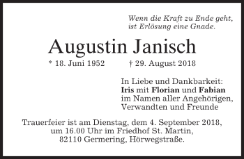 Todesanzeige von Augustin Janisch von merkurtz