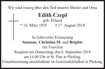Todesanzeige von Edith Czepl von merkurtz