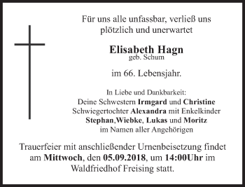 Todesanzeige von Elisabeth Hagn von merkurtz