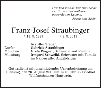 Todesanzeige von Franz-Josef Straubinger von merkurtz