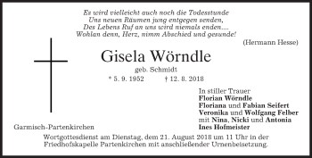 Todesanzeige von Gisela Wörndle von merkurtz