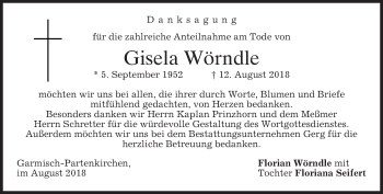 Todesanzeige von Gisela Wörndle von merkurtz