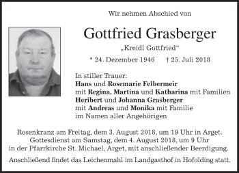 Todesanzeige von Gottfried Grasberger von merkurtz