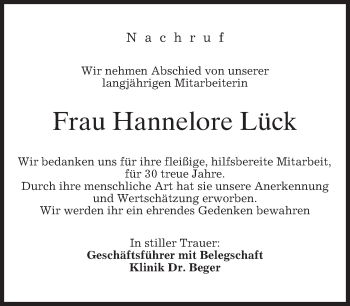 Todesanzeige von Hannelore Lück von merkurtz